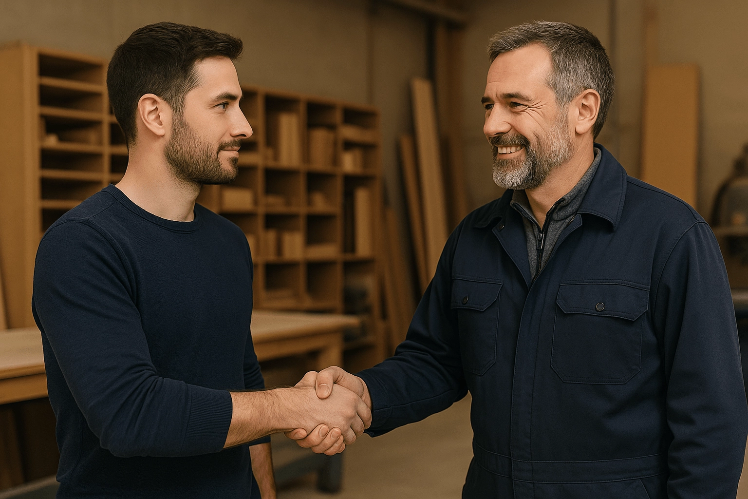 Deux hommes se serrent la main dans un atelier menuiserie, souriants, symbolisant un partenariat professionnel
